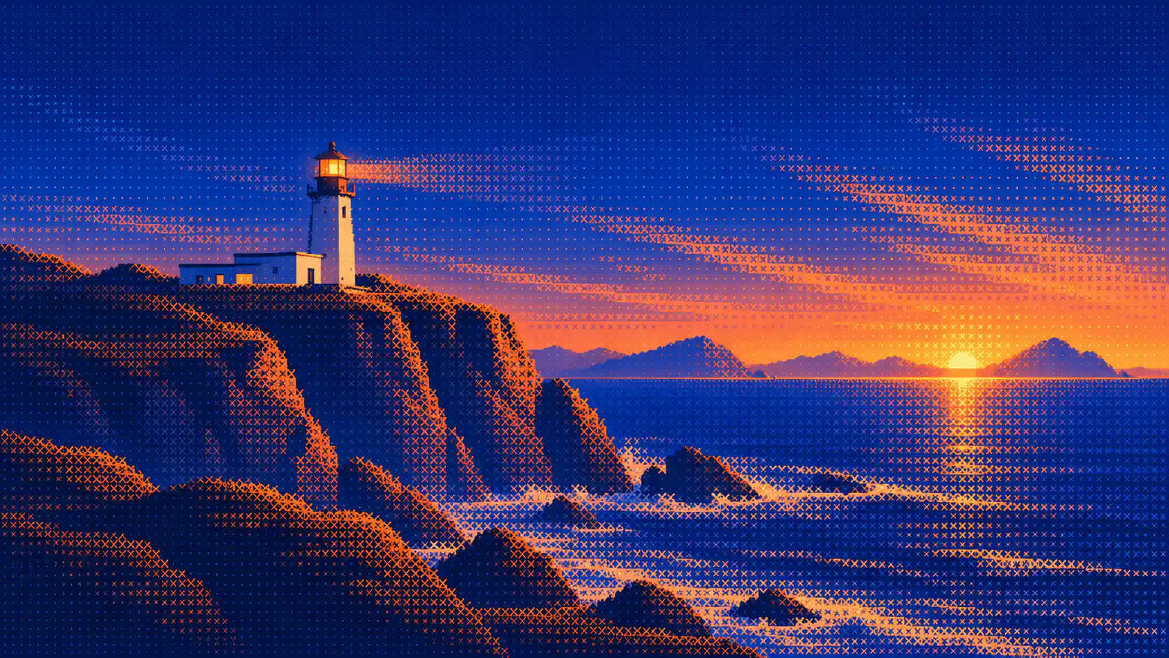 A pixel-dithered lighthouse on a cliff at dusk, its beam sweeping across a dotted blue sky.