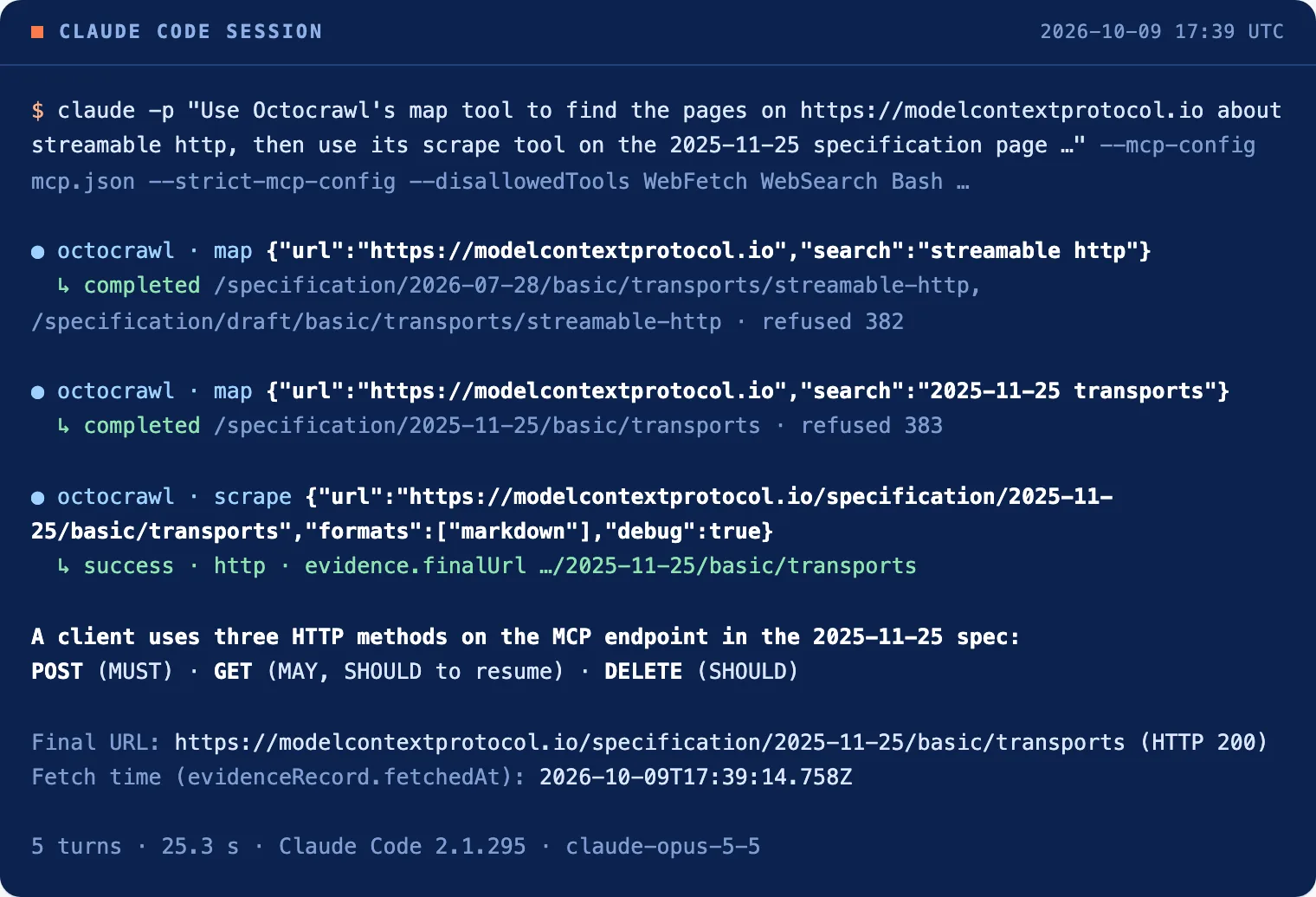 The Claude Code session: two map calls, one scrape call, and the answer with its cited source