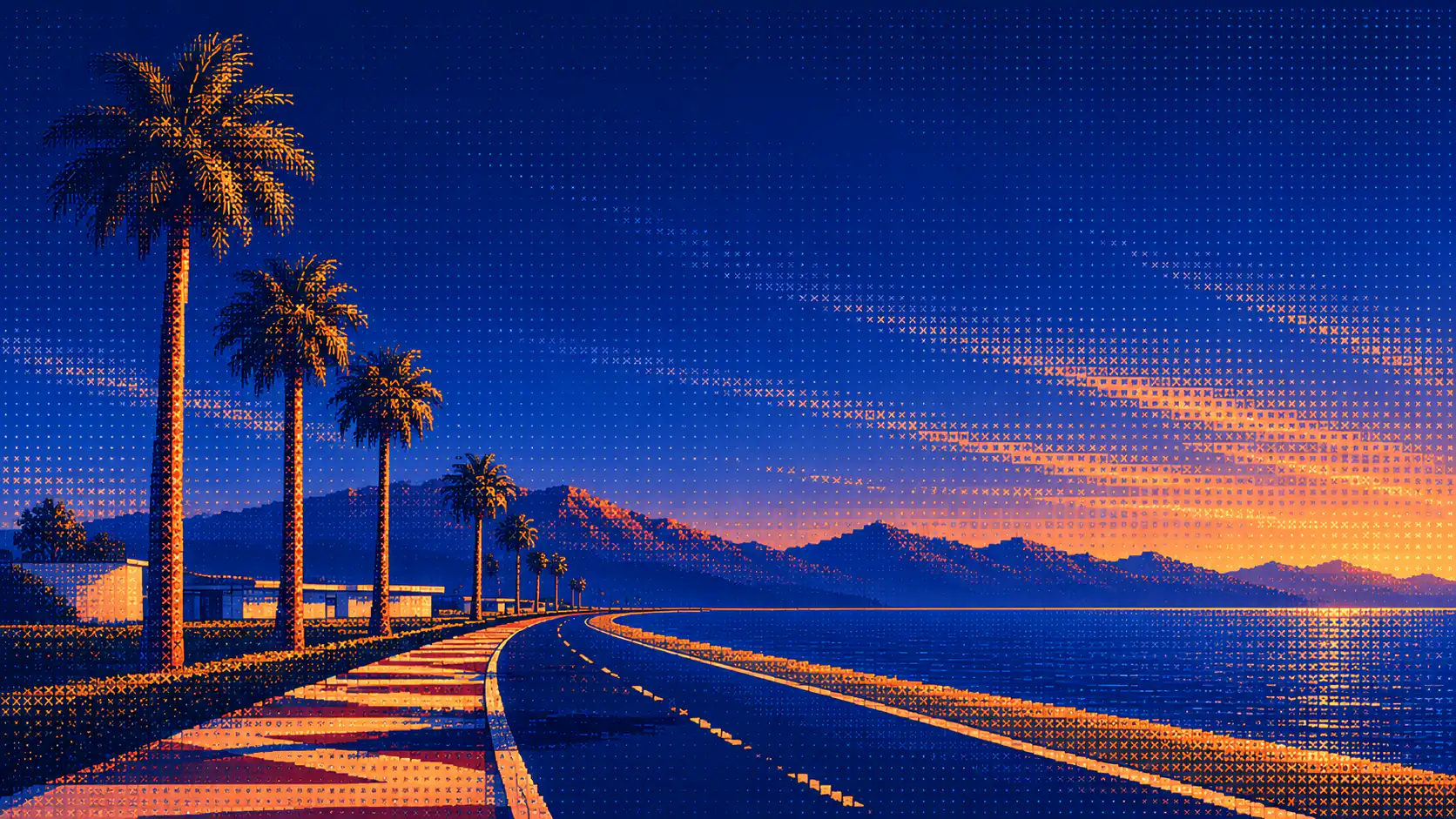 A pixel-dithered coastal road lined with palm trees, curving along the sea toward mountains at sunset.