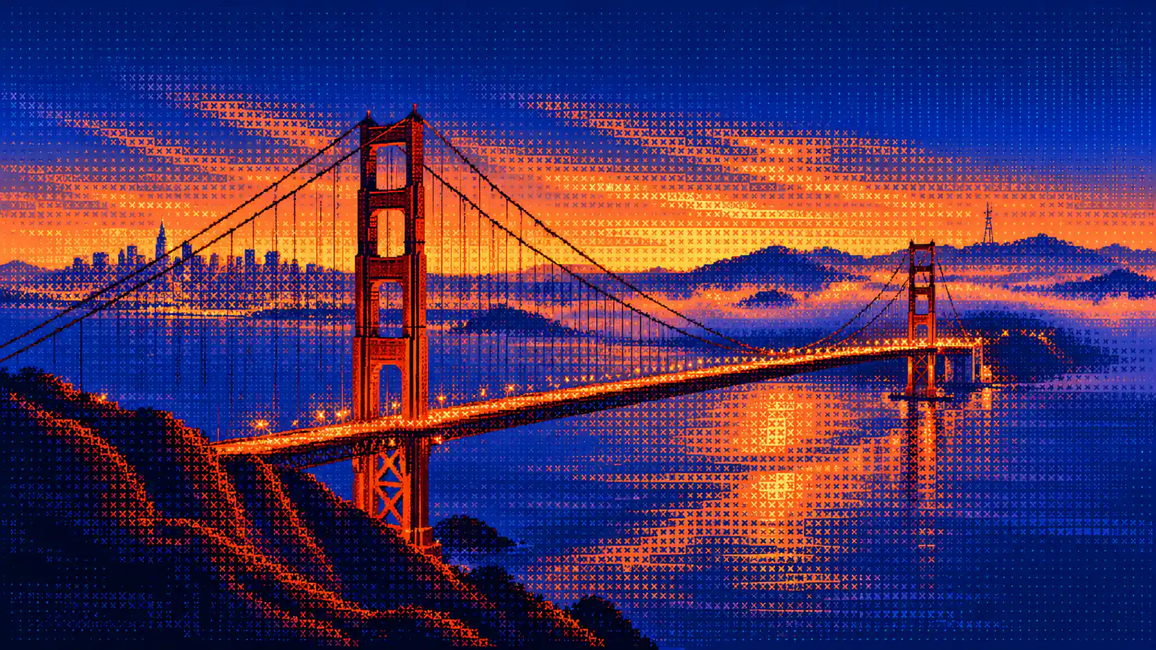 A pixel-dithered Golden Gate Bridge at sunset, the city skyline behind it and fog over the bay.