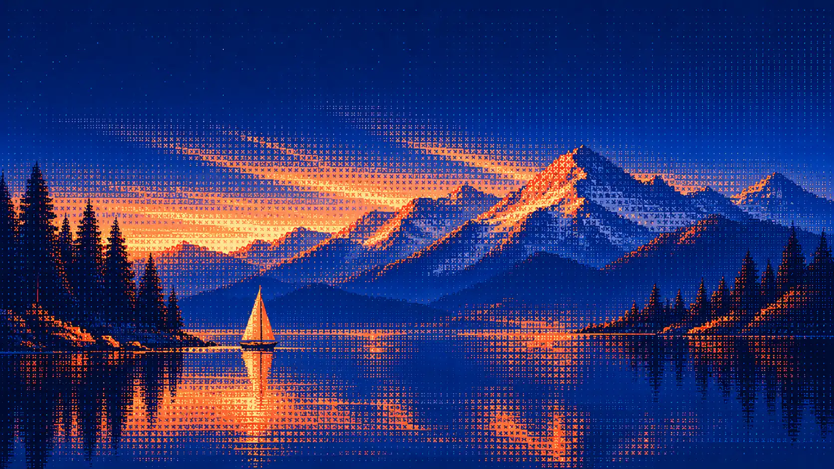 A pixel-dithered sailboat on a still mountain lake, pine trees on the shore and snowy peaks lit orange.