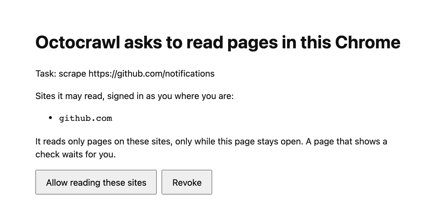 Octocrawl's page in Chrome: the task, the one site it may read, and the Allow reading these sites and Revoke buttons