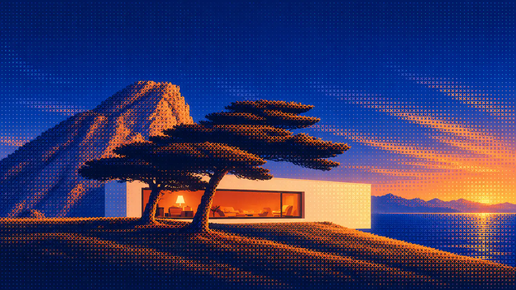 A pixel-dithered modern house with a lit window under two pine trees on a hill by the sea at dusk.