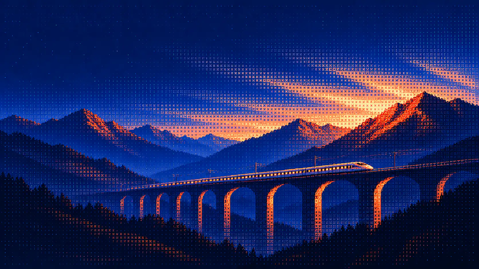 A pixel-dithered high-speed train crossing a stone viaduct between mountains at sunset.